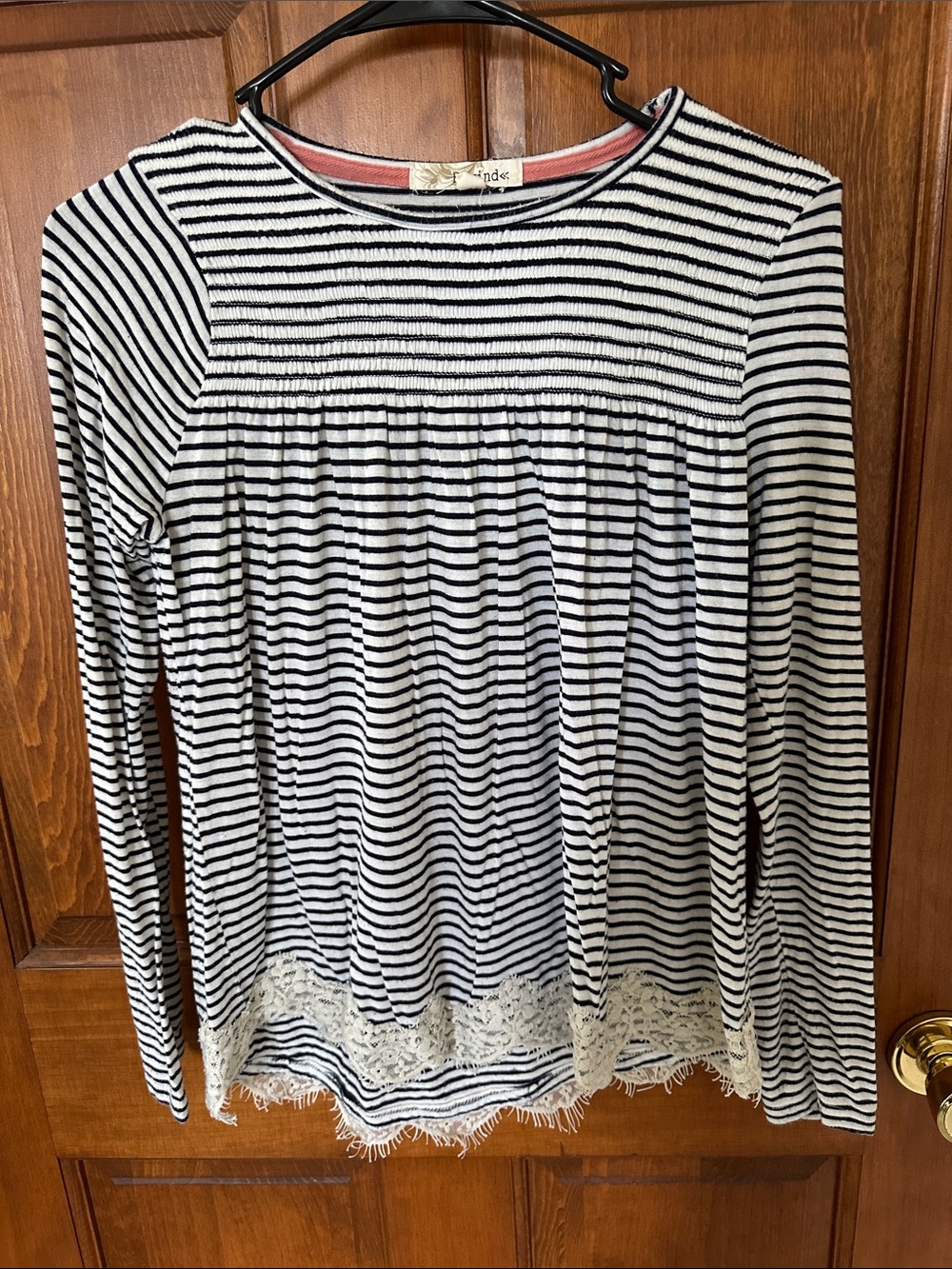 Rewind Black and White Striped Long-Sleeve Tee with Lace Hem